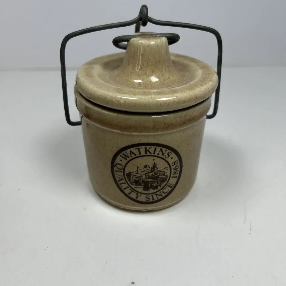 Vintage Watkins Quality Since 1868 Russian Mustard Stoneware Crock Wire Bale Lid